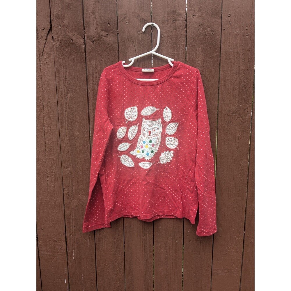 Mini Boden Girls Size 9-10 Red White‎ Polka Dot Owl Applique Long Sleeve Top